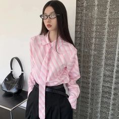 Eugina Pink Striped Necktie Dress Shirt Necktie Dress, Blouses Pattern, Tie Neck Dress, Spaghetti Strap Mini Dress, Office Look, Blouse Patterns, Pink Stripes, Long Sleeve Maxi Dress, Long Maxi Dress