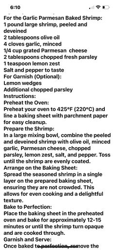 the recipe for garlic parmesan baked shrimp is shown in black and white text