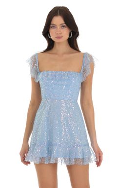 Celosia Sequin Ruffle Dress in Blue | LUCY IN THE SKY Cute Dresses For Concerts, Polka Dot Homecoming Dress, Homecoming Dresses Fluffy, Hoco Dresses Baby Blue, Light Blue Hoco Dress Short, Light Blue Hoco Dress, Trendy Homecoming Dresses, Embellished Dress Short, Bat Mitzvah Dress