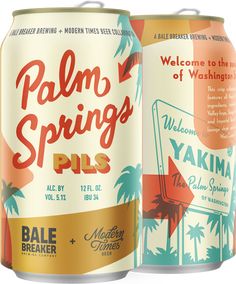 two cans of palm springs pils are shown in this undistly designed image