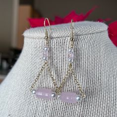 Glass Beads Light Weight Pink Rose Quartz Jewelry For Party, Pink Rose Quartz Party Jewelry, Pink Beaded Chain Dangle Earrings, Elegant Pink Beaded Earrings With Faceted Beads, Pink Beaded Chain Dangle Jewelry, Pink Dangle Jewelry With Beaded Chain, Wedding Earrings Studs, Framed Jewelry, Silver Crystal Earrings