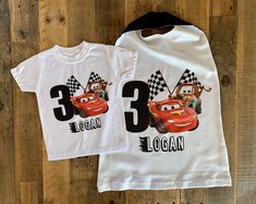 Cars the movie birthday shirt baby, toddler, and kids shirt. This shirt can be customized with characters or writing! Cape is white and black on the other side! About our shirts and onesies: Our shirts are top quality and super SOFT, double needle hem bottom and sleeves, CPSIA complaint. They are professionally heat pressed and wash beautifully. Our onesies are gerber brand, trusted quality, and can be worn over and over again. Onesies will be provided for sizing newborn - 24 months, unless you Super Mario Shirt, Mario Shirt, Tiger Birthday, Family Birthday Shirts, Safari Shirt, Movie Birthday, 1st Birthday Shirts, Princess Shirt, Monster Truck Birthday