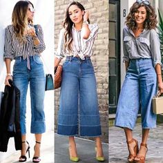 Gaucho Pants Outfit Summer, Goucho Capris Outfits, Cullotes Jeans Outfit, Denim Culottes Outfits, Flair Jeans Outfit, Mom Outfits Fall, Capri Outfits, Style Parisienne, Design Moda