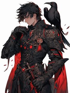 a man with black hair wearing armor and holding a crow on his shoulder in front of him