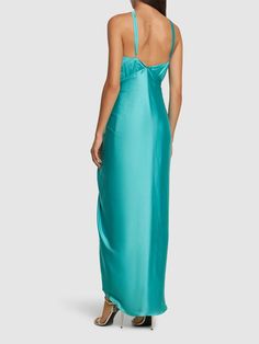 Adjustable spaghetti straps . Back zip closure. Model is wearing a sizeS High Neck Maxi Dress, Halter Neck Maxi Dress, Versace Brand, Turquoise Dress, Pleated Maxi Dress, Lilac Dress, Satin Maxi Dress, Maxi Knit Dress, Maxi Dress Green