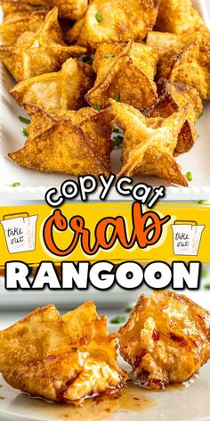 an image of crab rangoon on a plate with the title copy out crab rangoon