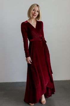 Serena Shimmer Velvet Wrap Dress | Merlot Bridesmaid Dress Color Schemes, Rust Bridesmaid Dress, Winter Wedding Guest Dress, Velvet Bridesmaid Dresses, Velvet Wrap Dress, Baltic Born, Velvet Maxi Dress, Tulip Skirt, Bridesmaid Dress Colors