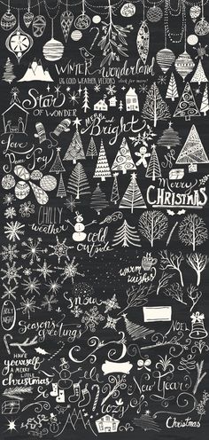 a chalkboard christmas card with different types of trees and ornaments on the blackboard