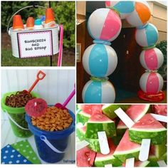 there are pictures of different items on the table including watermelon, beach balls and candy bars