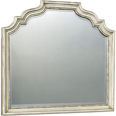 an ornate white framed mirror against a white background with the reflection of it's own image