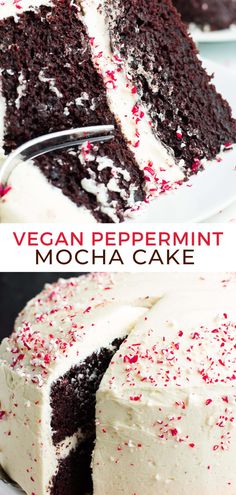 a slice of vegan peppermin mocha cake on a white plate