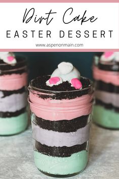 dessert in a jar with marshmallows on top and the words dirt cake easter dessert