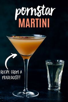 a cocktail in a martini glass with the recipe from a mixologist written on it