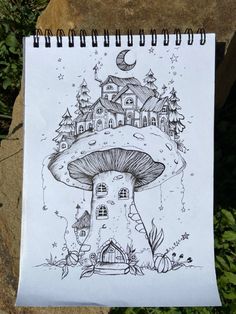 a drawing of a mushroom house surrounded by trees