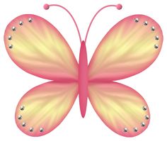 a pink and yellow butterfly with lots of diamonds on it's wings, isolated against a white background