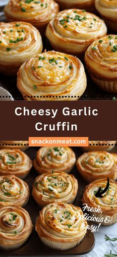 cheesy garlic crufffins on a baking sheet with text overlay