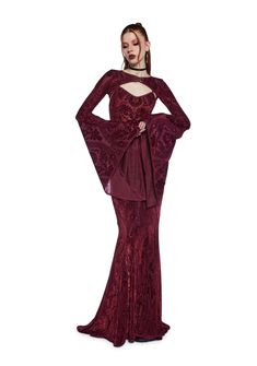 Widow Goth Velvet Flocked Maxi Dress And Shrug Set - Dark Red – Dolls Kill Rave Shoes, Sleeve Shrug, Red Dolls, Red Wedding Dresses, Victorian Goth, Pride Outfit, Corset Mini Dress, Bell Sleeve Dress, Magpie