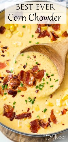 the best ever corn chowder in a pot with a wooden spoon