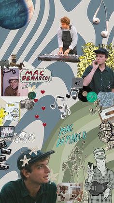 a collage of various images with people and things on them, including an image of a man talking on the phone