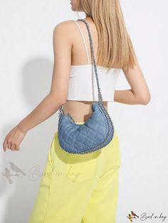 Bird in Bag - Geometric Pattern Denim Shoulder Bag with Metal Accents Trendy Denim Shoulder Bag For Daily Use, Trendy Large Capacity Denim Shoulder Bag, Trendy Denim Blue Shoulder Bag, Trendy Rectangular Denim Shoulder Bag, Trendy Denim Bags With Zipper Closure, Trendy Denim Blue Hobo Shoulder Bag, Trendy Denim Blue Tote Shoulder Bag, Trendy Denim Bags For Everyday Use, Trendy Hobo Bag With Pockets