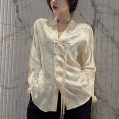 Lasaky - Long Sleeve Button-Up Shirt with Ribbon Detail and Embroidery - Fashionable Top Chinese Shirts Woman, Shirt With Ribbon, Silk Shirt Outfit, Chinese Collar Shirt, Chinese Top, Chinese Blouse, Chiffon Shirt Dress, Chinese Shirt, Cotton Dresses Summer