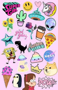 an assortment of stickers on a pink background with the words super girl written in different languages