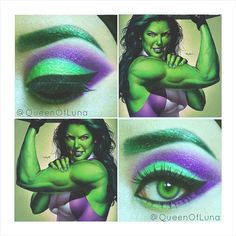 an image of a woman with green and purple eyeshades, showing the different angles of her body