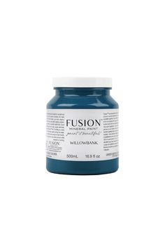 a jar of blue acrylic paint with white lid and the words futon on it