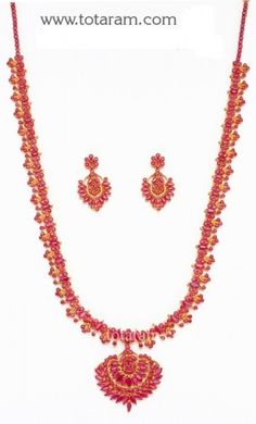 22K Gold Ruby Long Necklace & Drop Earrings Set - 235-GS988 in 92.000 Grams Yellow Gold Ruby Jewelry For Festive Season, 22k Gold Red Jewelry, Festive Yellow Gold Ruby Jewelry, Formal Red 22k Gold Jewelry, Yellow Gold Kundan Necklace With Ruby For Celebration, Yellow Gold Ruby Kundan Necklace For Celebrations, Formal 22k Gold Red Jewelry, Festive Red 22k Gold Jewelry, Yellow Gold Ruby Temple Necklace For Celebration