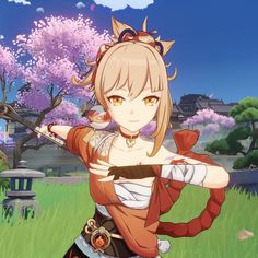 an anime character holding a baseball bat in the grass