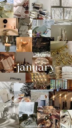 a collage of pictures with the words january written in different languages and images of candles