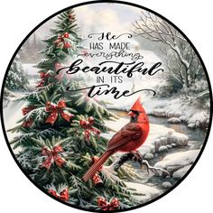 a red cardinal sitting on top of a christmas tree next to a snowy forest and stream