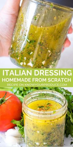 a jar filled with homemade pesto dressing next to tomatoes and parsley on the side