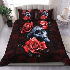 Gothic Skull Rose Duvet Cover Set - Wonder Skull Black Bed Sheets, Skull Duvet Cover, Rose Duvet Cover, Skull Bedding Sets, Skull Bedding, Twin Bed Sets, Matching Design, Blanket Cover, King Bedding Sets