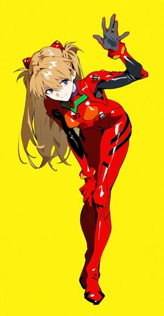 an anime character in red and black with her arms out, posing for the camera