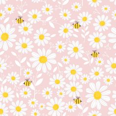 a pink background with white daisies and yellow bees on it, all in the same pattern