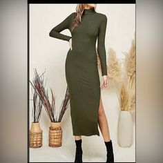 Ribbed Dress Fall Brunch Fitted Maxi Dress, Green Ribbed Bodycon Dress For Fall, Fitted Fall Midi Dress With Side Slits, Spring Ribbed Bodycon Maxi Dress, Fitted Ribbed Maxi Dress For Fall, Casual Midi Dress With Side Slits For Fall, Casual Fall Midi Dress With Side Slits, Casual Bodycon Maxi Dress For Fall, Fall Date Night Dresses With Side Slits