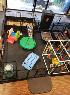 there are many toys in the caged area on the floor and one is green