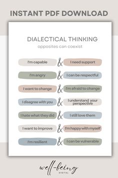 Elevate Your Therapy Practice and Personal Growth with this Dialectical Thinking Poster, a thoughtful poster for therapists, psychologists, (school) counselors, and for personal use. Dialectical thinking is a cognitive approach that encourages individuals to reconcile opposing ideas and emotions. In therapy, it fosters a balance between acceptance and change, making it a powerful tool for professionals and personal growth. Dialectical Therapy, Stop Dbt Skill, Radical Acceptance Dbt Activities, Cbt Model, Dbt Workbook Book, Cognitive Distortions List, Dbt Skills Worksheets, School Counselor Posters