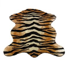 an animal print rug with black and brown stripes on it's side, in the shape of a tiger pattern