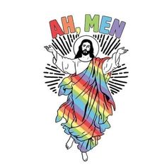 the image of jesus with his arms spread out and rainbow colors on it's chest