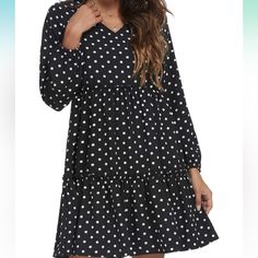 Nwot Black Adv White Polka Dot Long Sleeve V Neck Swing Mini Tired Ruffle Dress. Polka Dot Casual Mini Dress For Fall, Casual Polka Dot Mini Dress For Fall, Casual Polka-dotted Mini Dress For Fall, Casual Mini Dress With Polka Dots For Fall, Tiered Ruffle Mini Dress, Silk Dress Short, Cocoon Dress, Yellow Mini Dress, Purple Mini Dresses