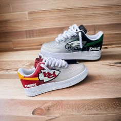 Custom Kansas City Chiefs and Philadelphia Eagles Nike Air Force One Shoes - Kiauns Customs LLC Custom Sneakers Nike, Air Force One Shoes, Nike Custom, Nike Air Force One, Youthful Design, Bespoke Fashion