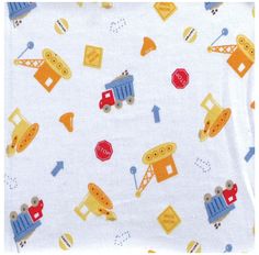 a close up of a white fabric with different types of construction equipment on it,