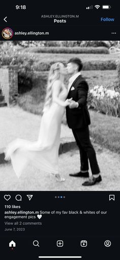 a black and white photo of a bride and groom