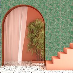 an open door leading to a green and pink wall with a plant in the corner