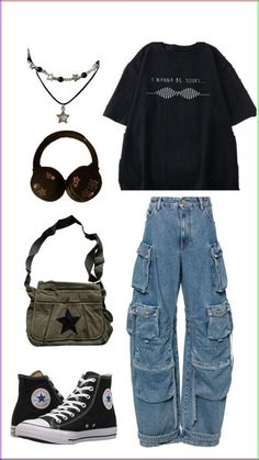 an assortment of clothing and accessories including sneakers, headbands, sunglasses and necklace