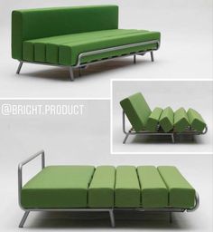 a green couch with metal frame and footrests is shown in three different views