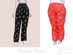 two women's leggings with hearts on them, one in red and the other in black