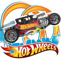 the hot wheels car is flying through the air with flames on it's side